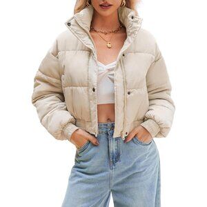 Women’s Crop Jacket Puffer Jacket Long Sleeve Stand Collar Zipper Coat Apricot
